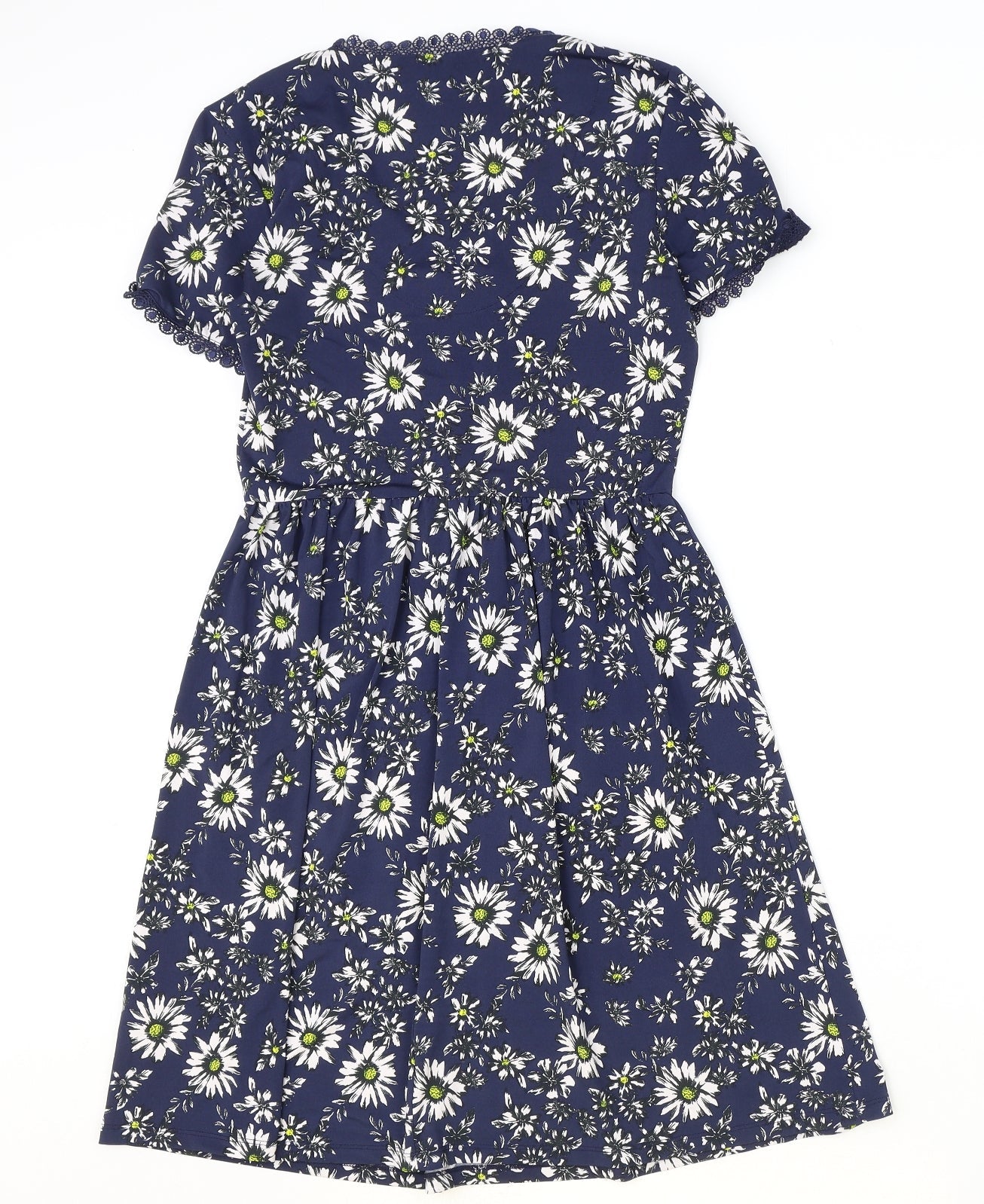 TU Womens Blue Floral Polyester A-Line Size 8 V-Neck Button