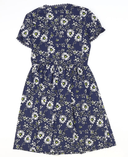 TU Womens Blue Floral Polyester A-Line Size 8 V-Neck Button