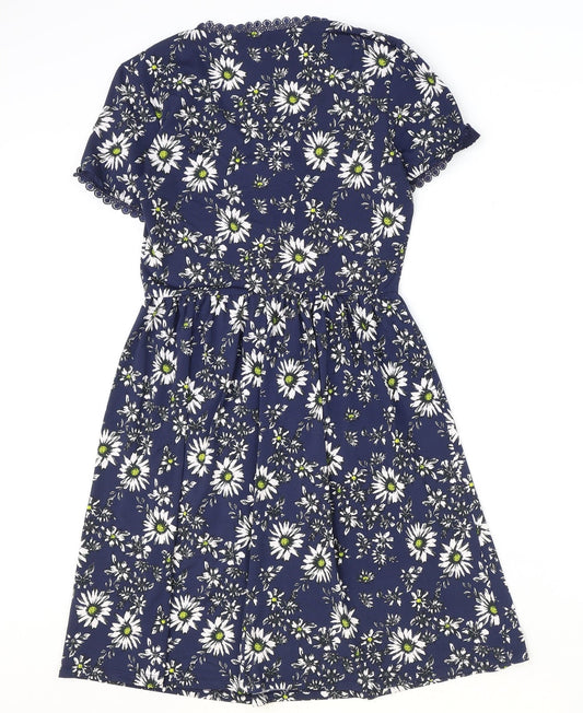 TU Womens Blue Floral Polyester A-Line Size 8 V-Neck Button