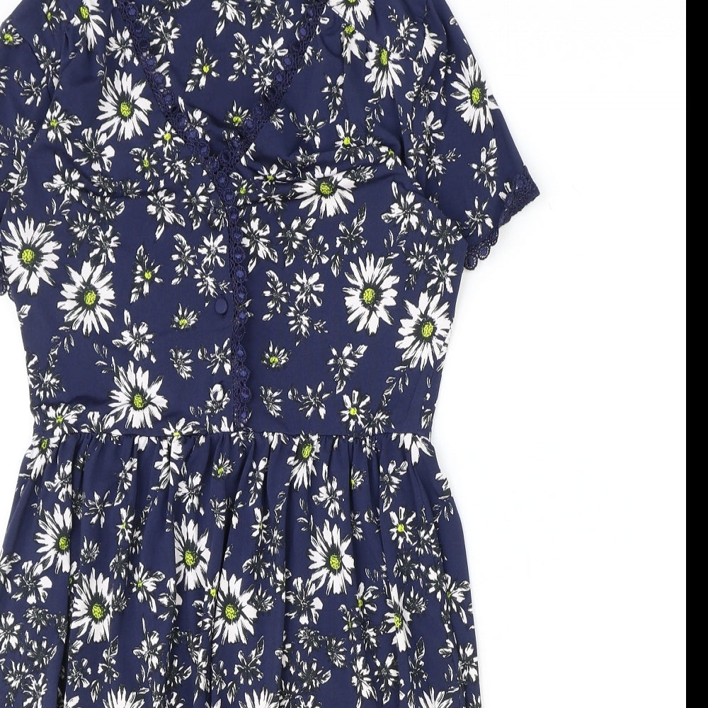 TU Womens Blue Floral Polyester A-Line Size 8 V-Neck Button