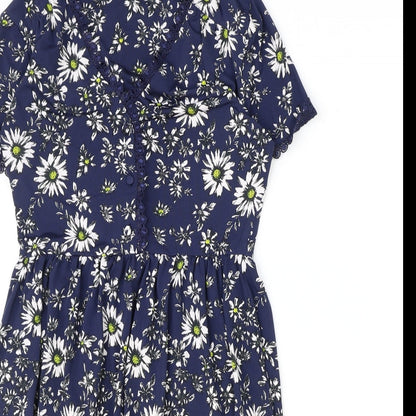 TU Womens Blue Floral Polyester A-Line Size 8 V-Neck Button