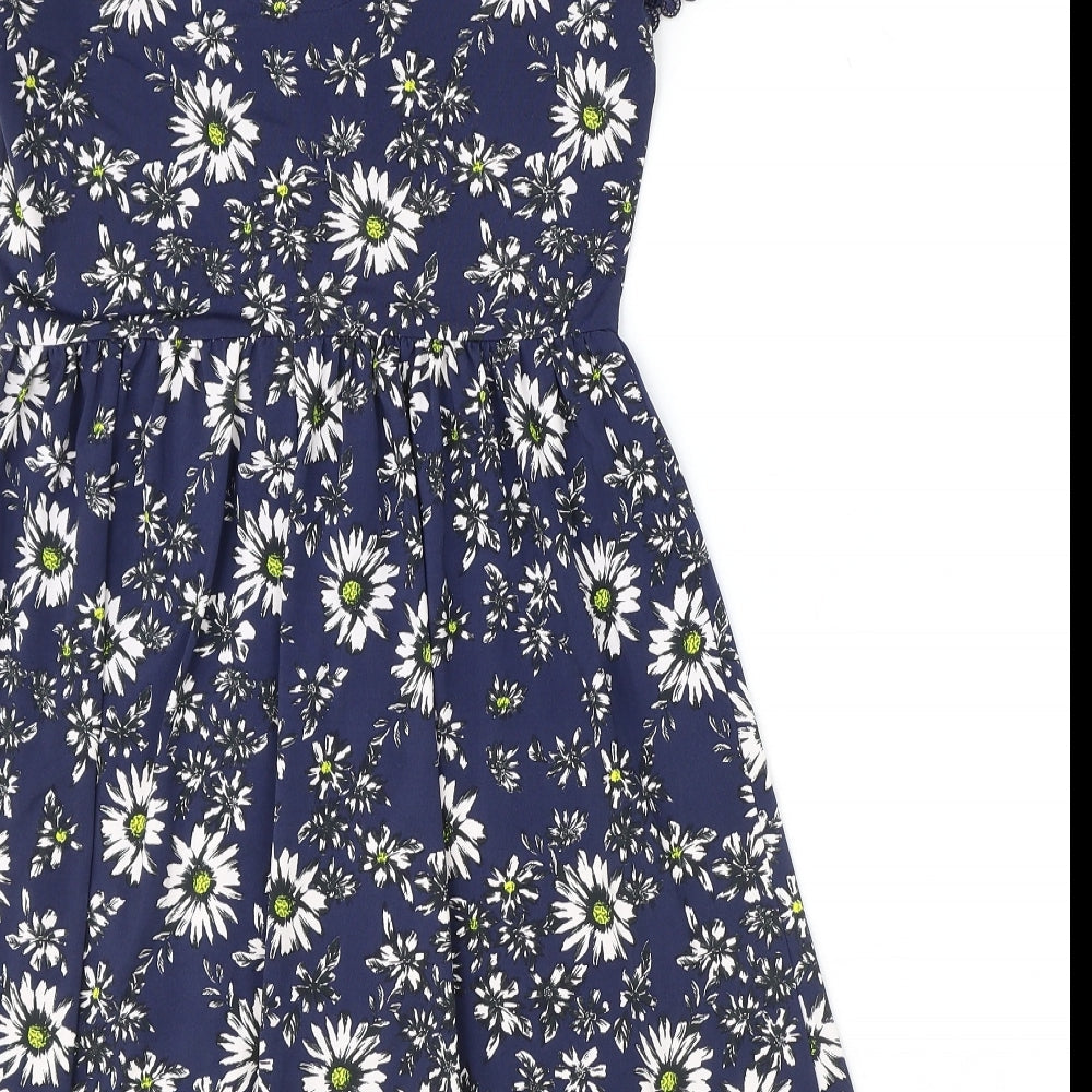 TU Womens Blue Floral Polyester A-Line Size 8 V-Neck Button