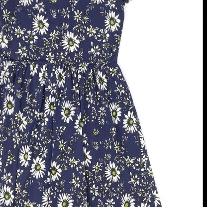 TU Womens Blue Floral Polyester A-Line Size 8 V-Neck Button