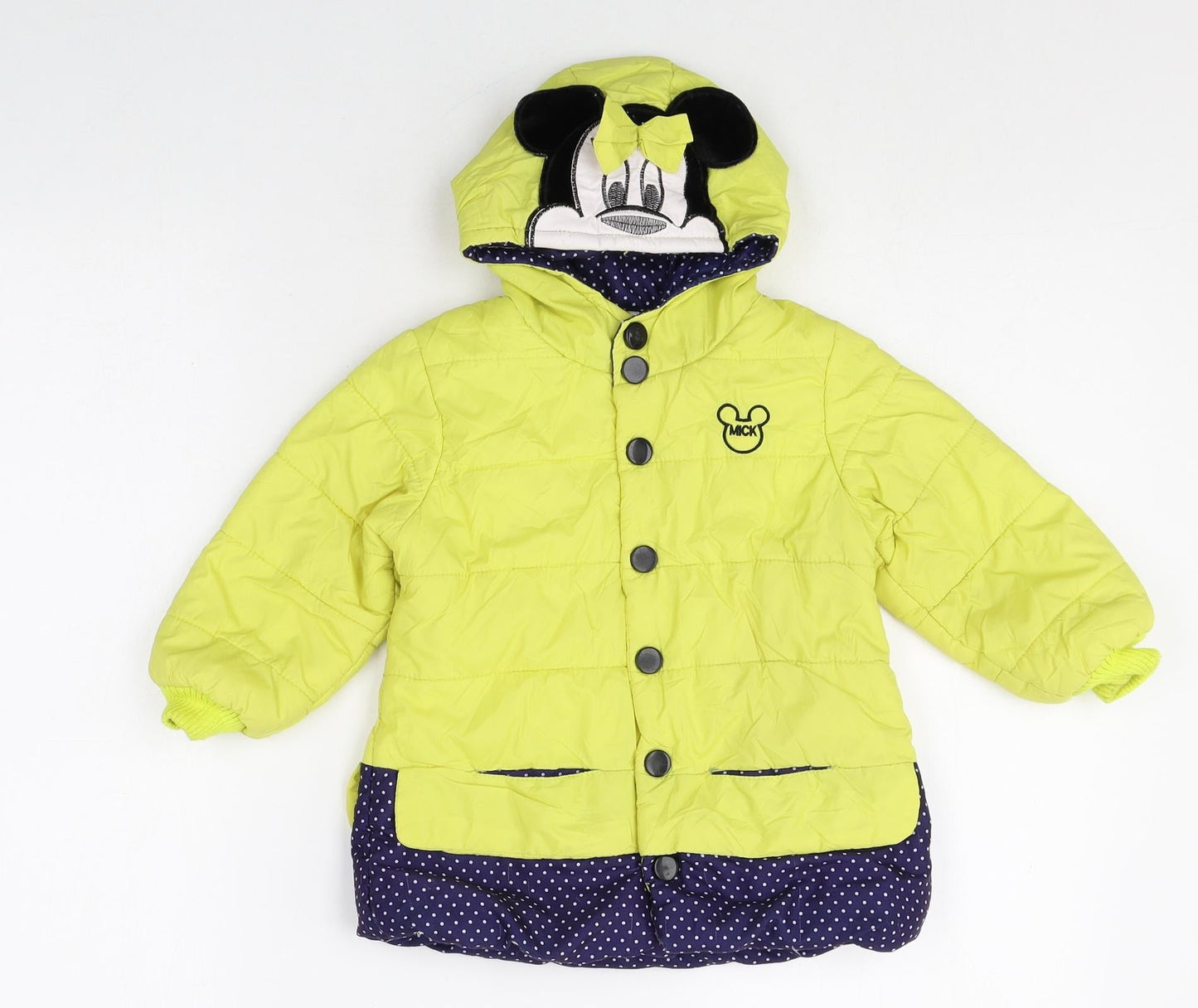 Preworn Girls Yellow Polka Dot Quilted Jacket Size 2XL Zip - Minnie Mouse