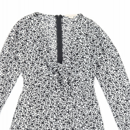 Glamorous Womens White Floral Polyester A-Line Size 8 V-Neck Zip