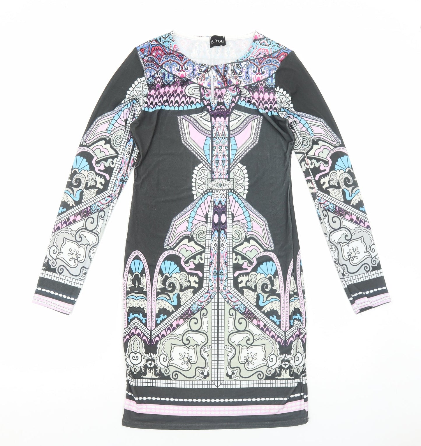 B.You Womens Multicoloured Geometric Polyester Pencil Dress Size 12 Round Neck Pullover