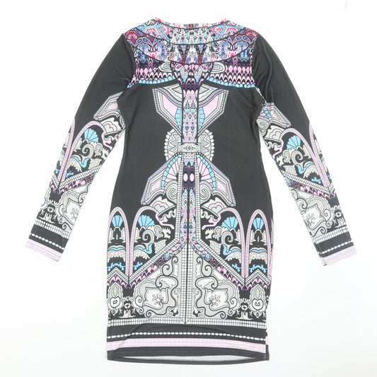 B.You Womens Multicoloured Geometric Polyester Pencil Dress Size 12 Round Neck Pullover