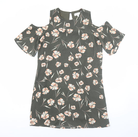 Apricot Womens Green Floral Polyester Shift Size 10 Round Neck Pullover - Cold Shoulder