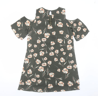 Apricot Womens Green Floral Polyester Shift Size 10 Round Neck Pullover - Cold Shoulder