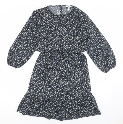H&M Womens Blue Floral Viscose A-Line Size S Round Neck Pullover