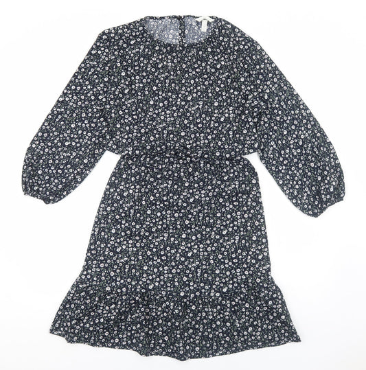 H&M Womens Blue Floral Viscose A-Line Size S Round Neck Pullover