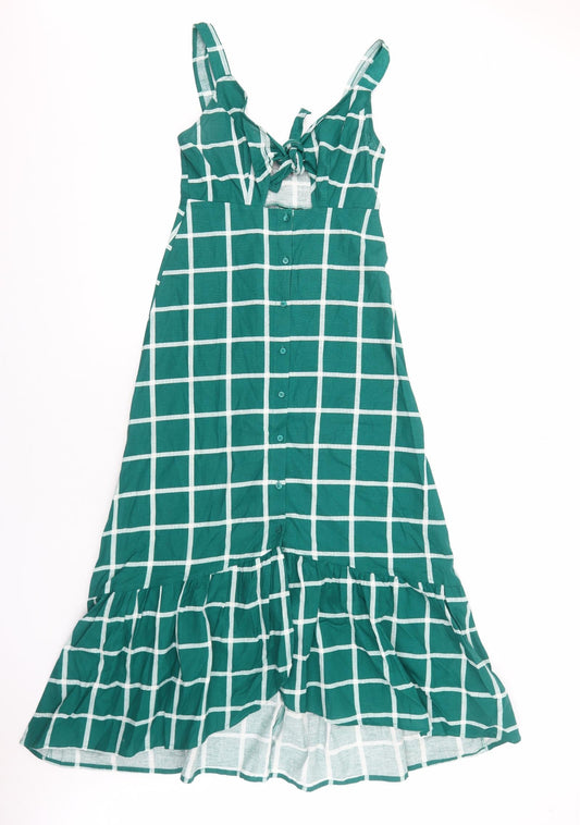 ASOS Womens Green Check Cotton A-Line Size 4 V-Neck Button
