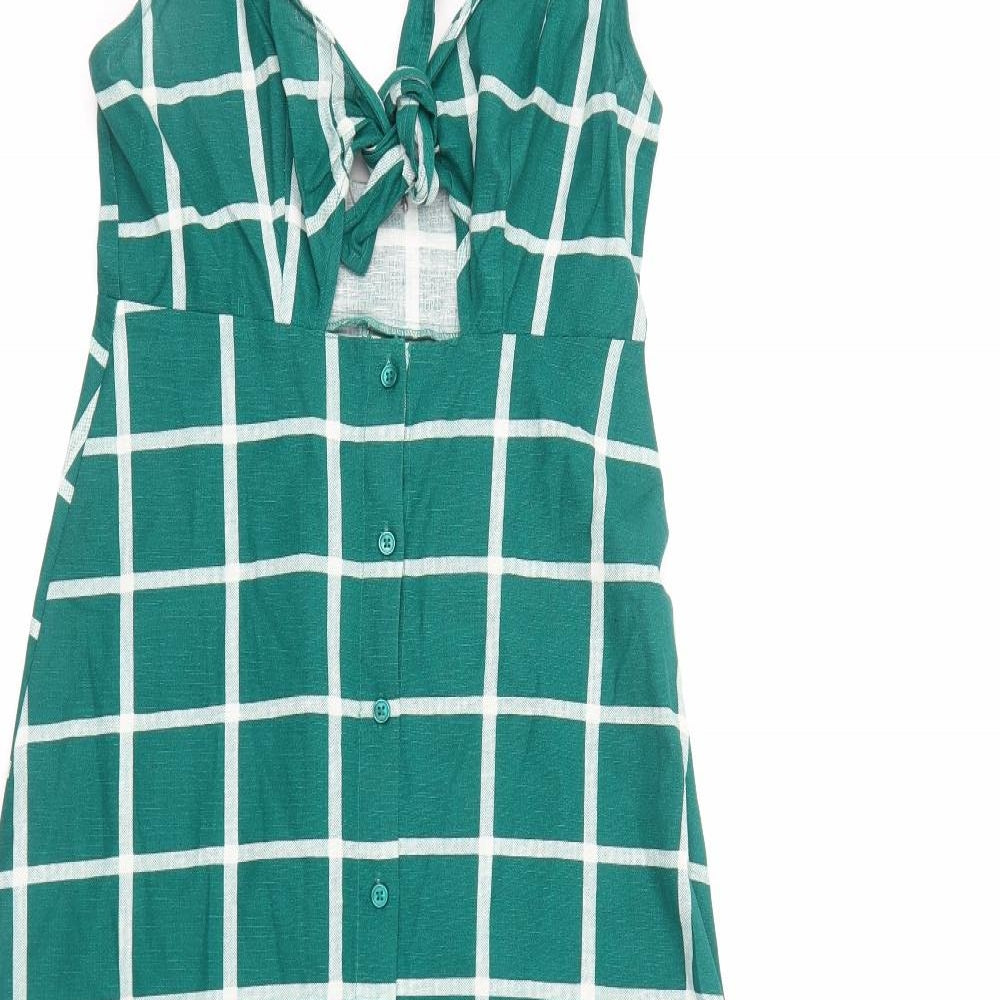 ASOS Womens Green Check Cotton A-Line Size 4 V-Neck Button