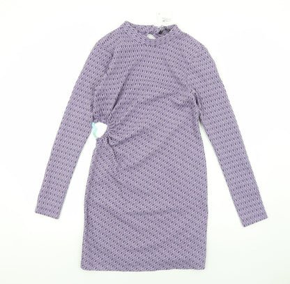 Zara Womens Purple Geometric Viscose Bodycon Size L High Neck Pullover - Cut Out Back Detail