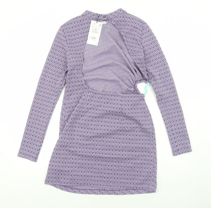 Zara Womens Purple Geometric Viscose Bodycon Size L High Neck Pullover - Cut Out Back Detail