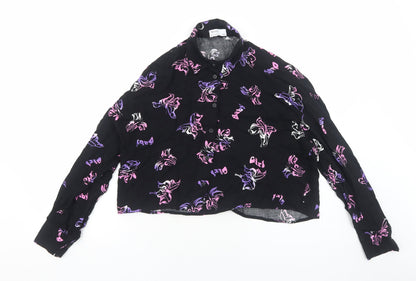 Bershka Womens Black Geometric Viscose Basic Button-Up Size XS Collared - Butterfly