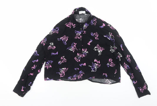 Bershka Womens Black Geometric Viscose Basic Button-Up Size XS Collared - Butterfly