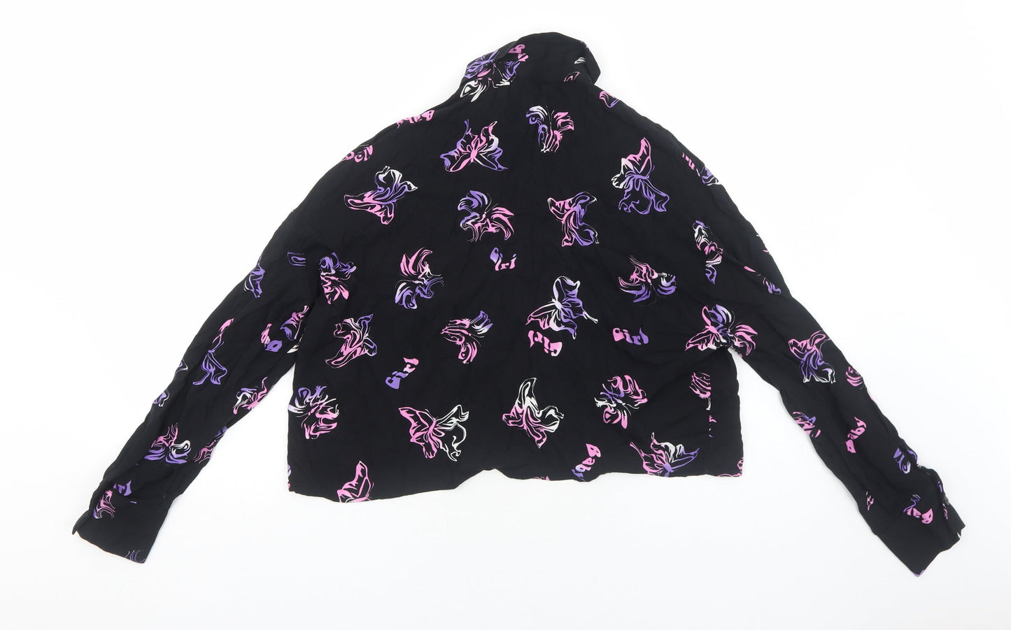 Bershka Womens Black Geometric Viscose Basic Button-Up Size XS Collared - Butterfly