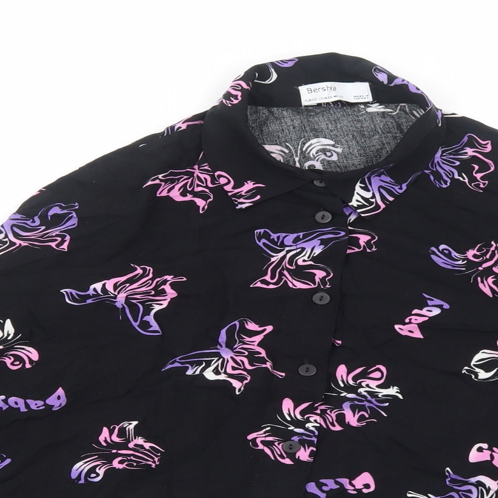 Bershka Womens Black Geometric Viscose Basic Button-Up Size XS Collared - Butterfly