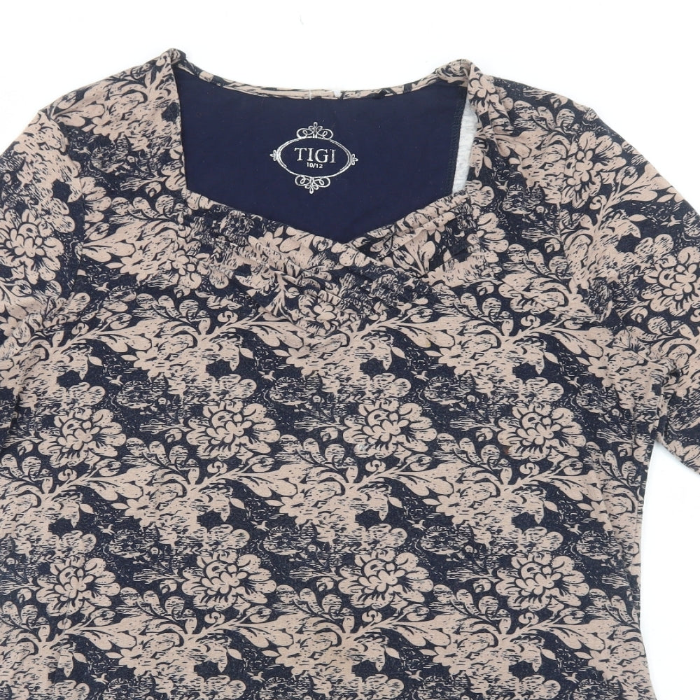 TIGI Womens Blue Floral Viscose Basic T-Shirt Size 10 Square Neck