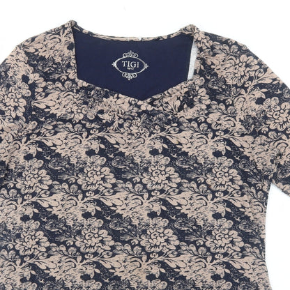 TIGI Womens Blue Floral Viscose Basic T-Shirt Size 10 Square Neck