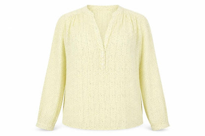 Woods Womens Yellow Geometric Polyester Basic Blouse Size S V-Neck