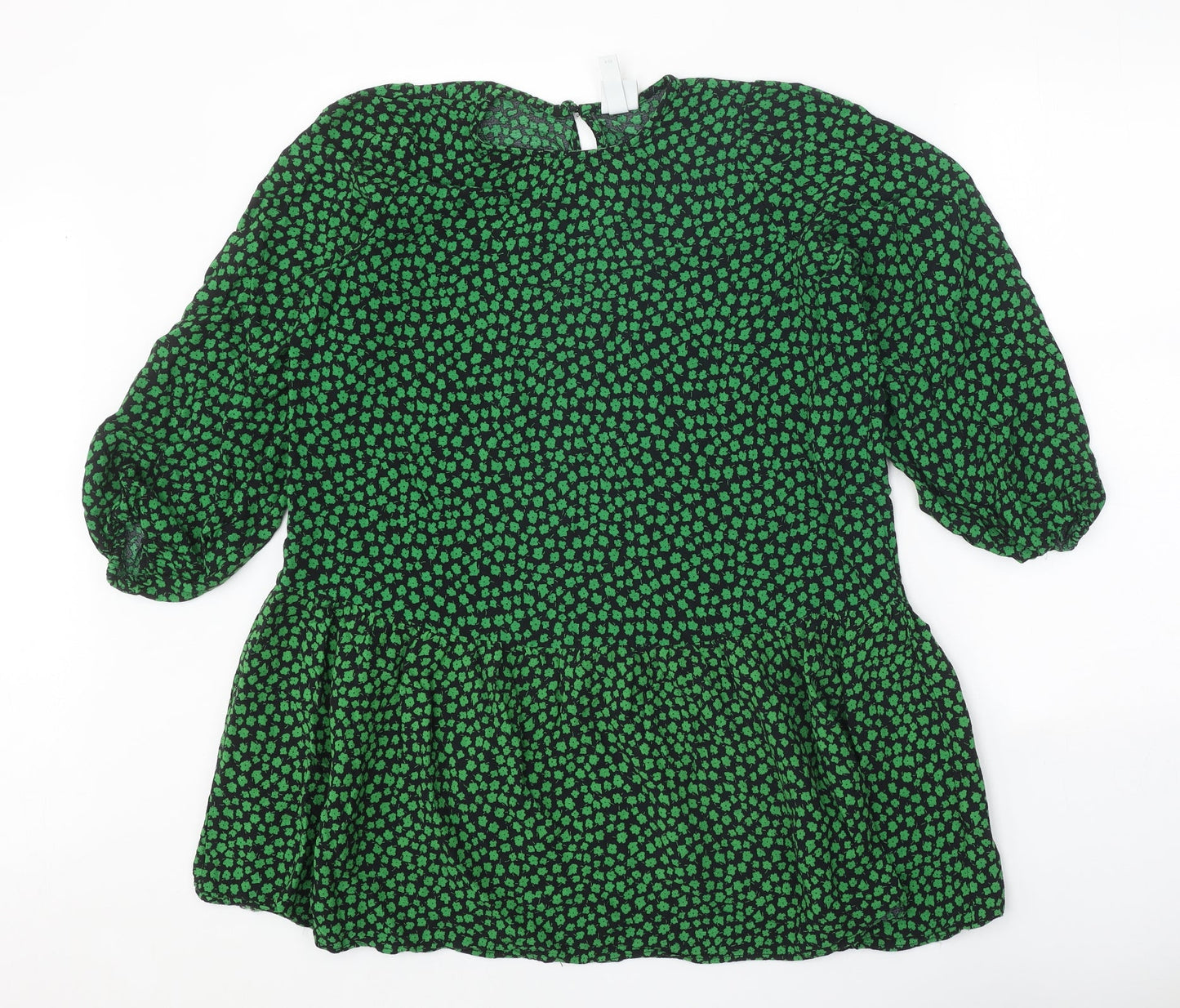 H&M Womens Green Geometric Viscose Shift Size S Round Neck Button - Drop hem