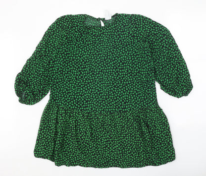 H&M Womens Green Geometric Viscose Shift Size S Round Neck Button - Drop hem