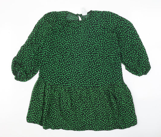 H&M Womens Green Geometric Viscose Shift Size S Round Neck Button - Drop hem