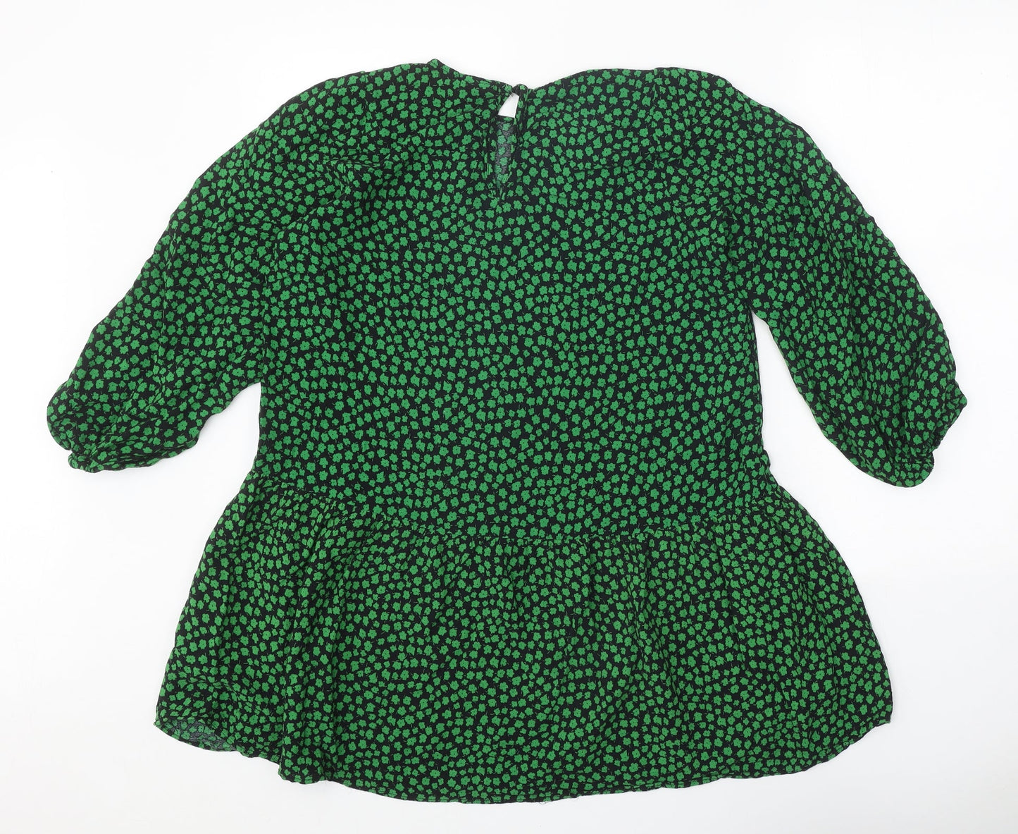 H&M Womens Green Geometric Viscose Shift Size S Round Neck Button - Drop hem