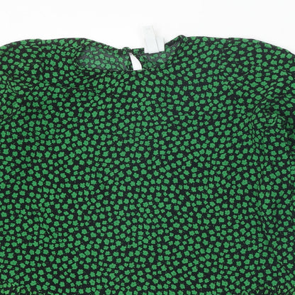 H&M Womens Green Geometric Viscose Shift Size S Round Neck Button - Drop hem