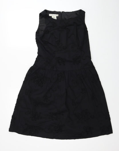 Evan-Pecone Womens Black Cotton Skater Dress Size 4 Boat Neck Zip