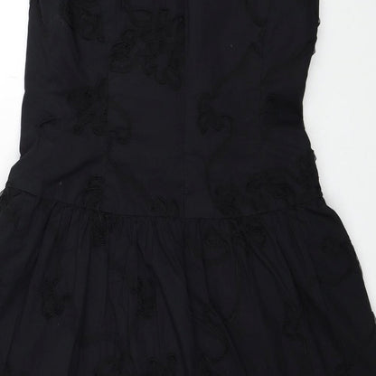 Evan-Pecone Womens Black Cotton Skater Dress Size 4 Boat Neck Zip
