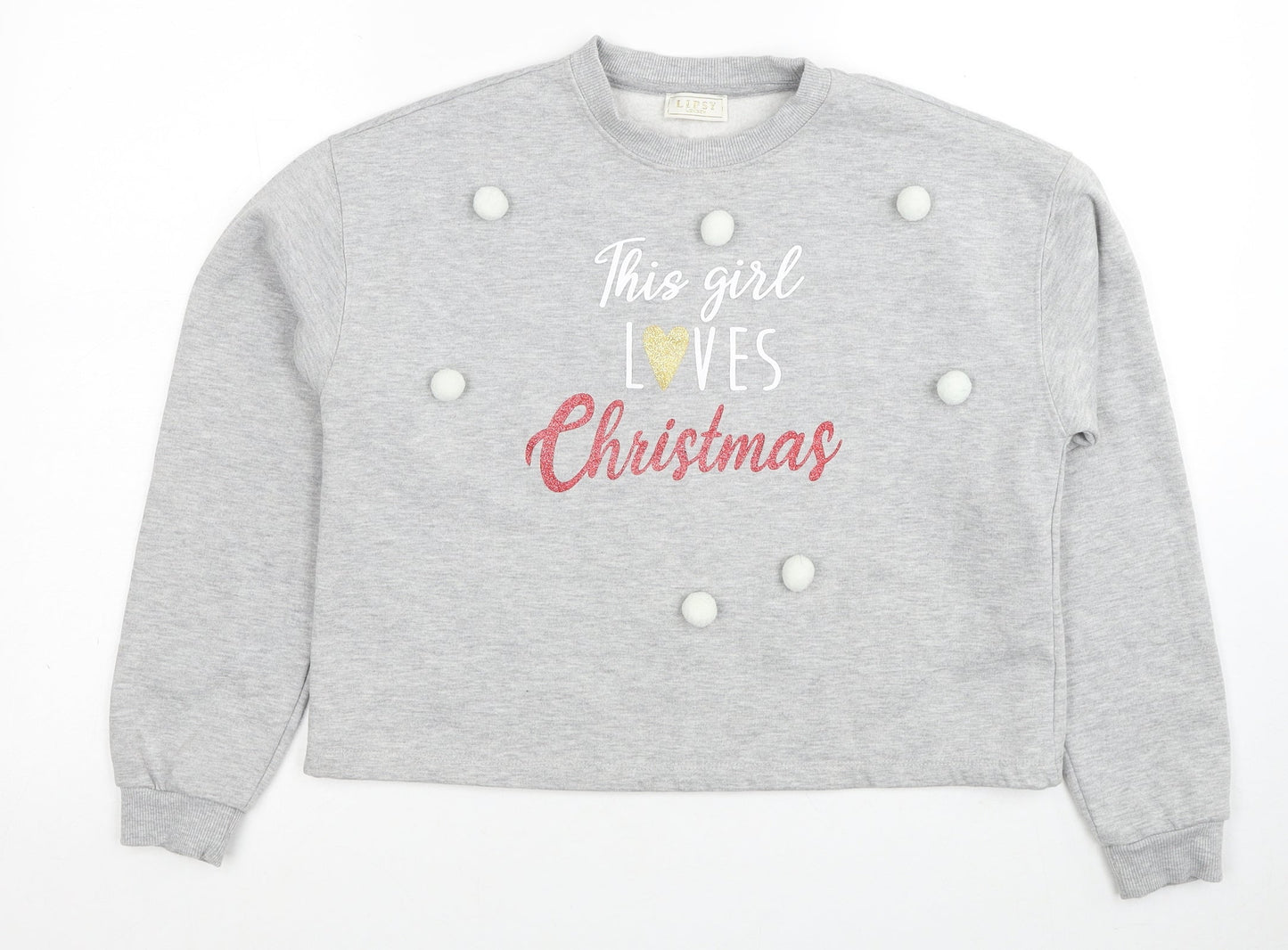 Lipsy Girls Grey Cotton Pullover Sweatshirt Size 13-14 Years Pullover - Christmas Pom Pom Detail