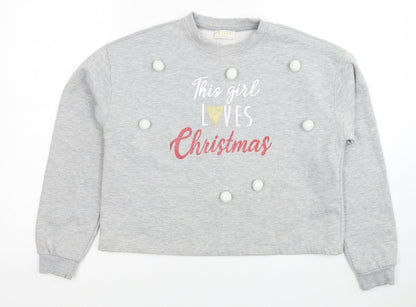 Lipsy Girls Grey Cotton Pullover Sweatshirt Size 13-14 Years Pullover - Christmas Pom Pom Detail
