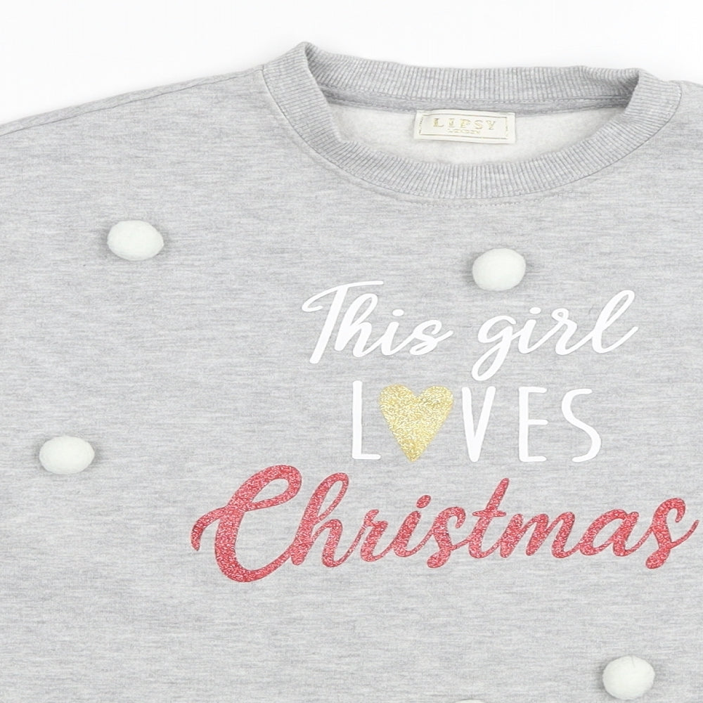 Lipsy Girls Grey Cotton Pullover Sweatshirt Size 13-14 Years Pullover - Christmas Pom Pom Detail