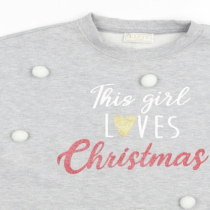 Lipsy Girls Grey Cotton Pullover Sweatshirt Size 13-14 Years Pullover - Christmas Pom Pom Detail