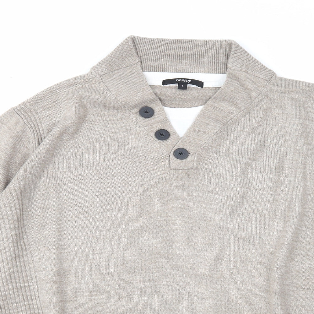 George Mens Beige V-Neck Acrylic Pullover Jumper Size L Long Sleeve