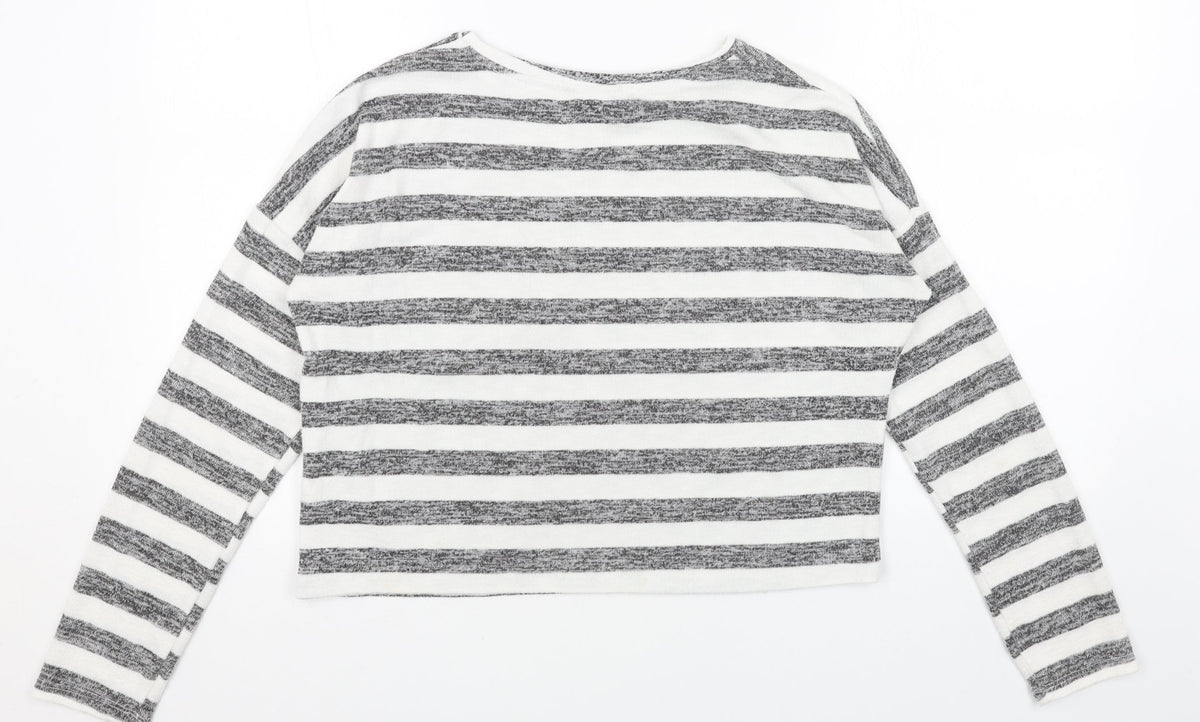 Candy Couture Womens Grey Round Neck Striped Polyester Pullover Jumper Size 14