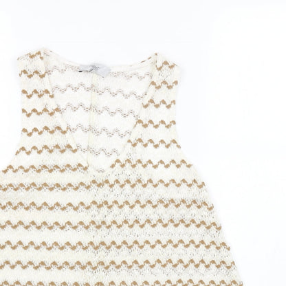 NEXT Womens Beige Striped Cotton Basic Tank Size 10 V-Neck