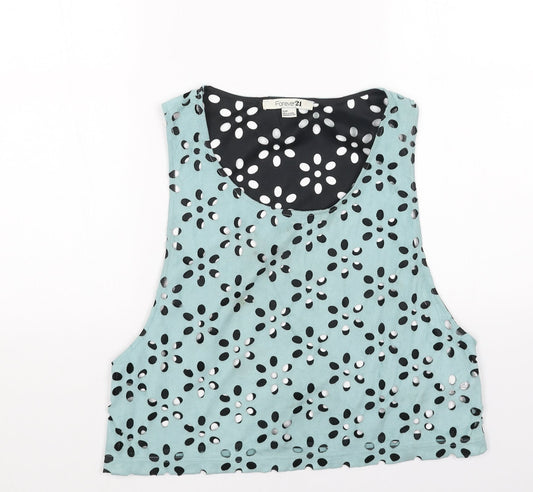 FOREVER 21 Womens Blue Floral Polyester Cropped Tank Size S Scoop Neck
