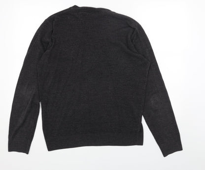 Easy Mens Grey V-Neck Acrylic Pullover Jumper Size M Long Sleeve