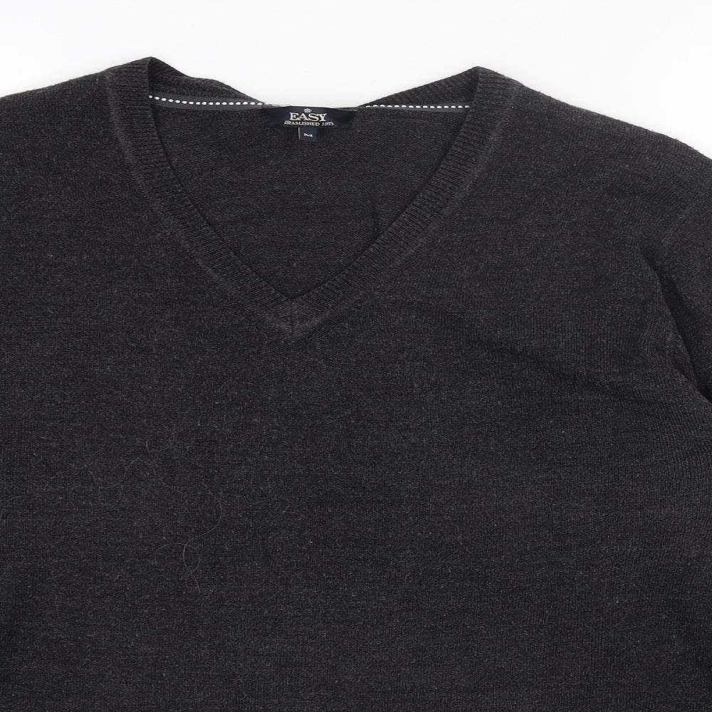Easy Mens Grey V-Neck Acrylic Pullover Jumper Size M Long Sleeve