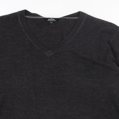 Easy Mens Grey V-Neck Acrylic Pullover Jumper Size M Long Sleeve