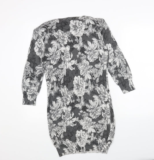 NEXT Womens Grey Floral Acrylic Jumper Dress Size 10 Scoop Neck Pullover