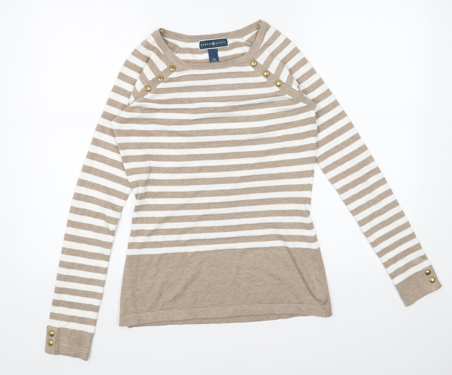 Karen Scott Womens Beige Scoop Neck Striped Acrylic Pullover Jumper Size XS