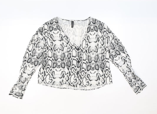 Divided by H&M Womens White Animal Print Viscose Basic Button-Up Size 12 V-Neck - Snake Print