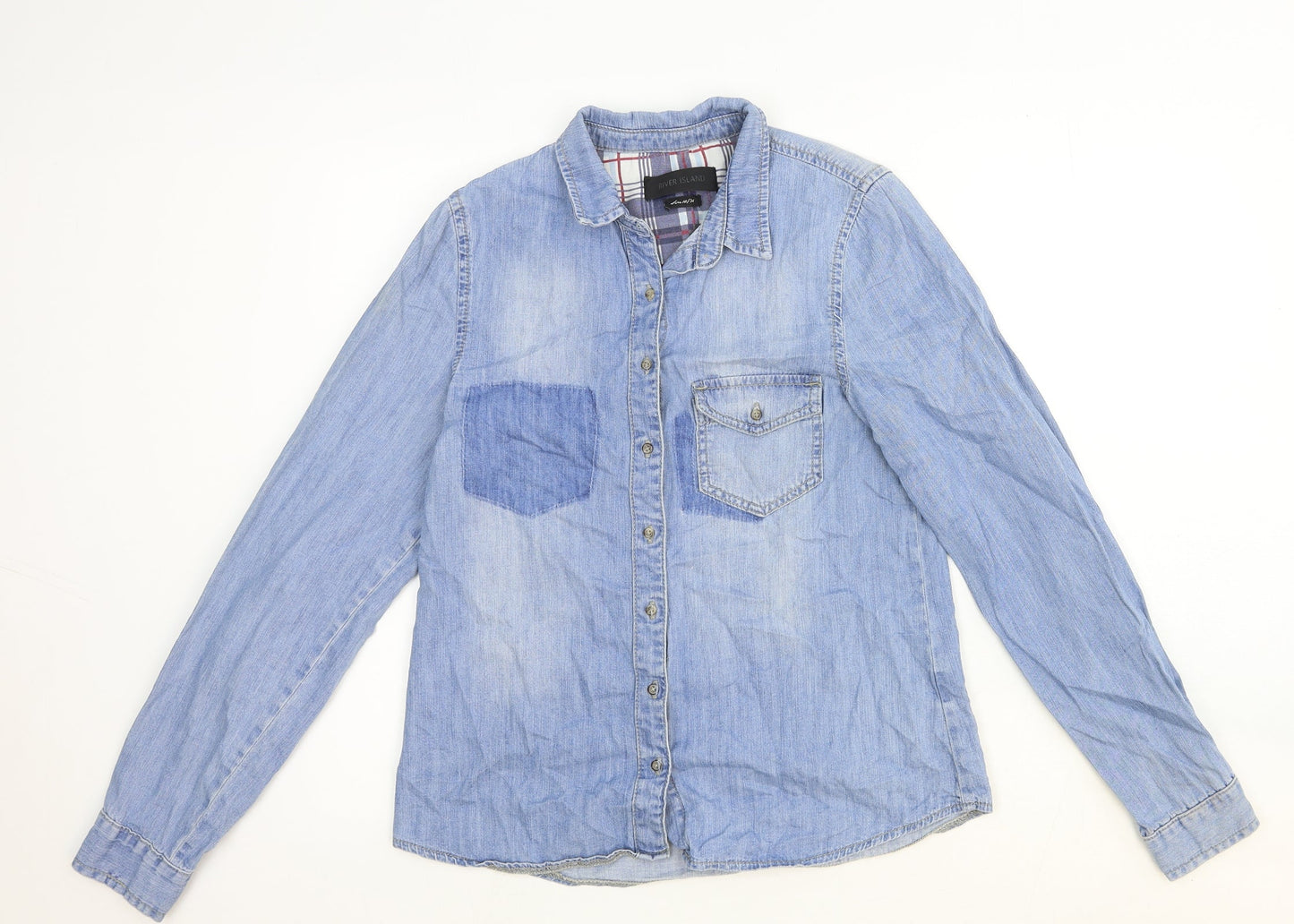 Womens UK Size 10 River Island Blue Basic Button-Up