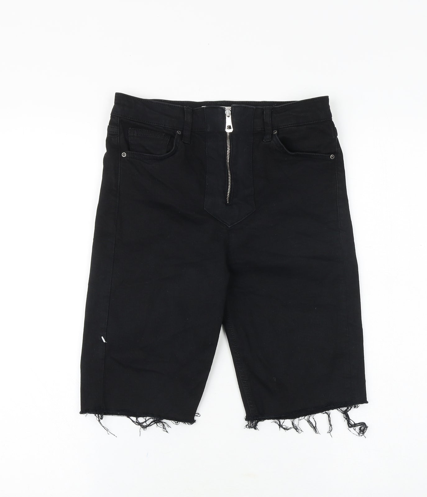 Topshop Womens Black Cotton Bermuda Shorts Size 10 Slim Zip - Distressed