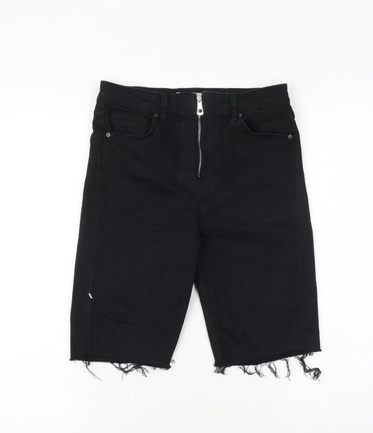 Topshop Womens Black Cotton Bermuda Shorts Size 10 Slim Zip - Distressed